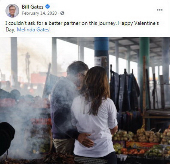 蓋茨去年情人節在Facebook上晒恩愛，稱不會找到比梅琳達更好的伴侶。（蓋茨fb圖片）