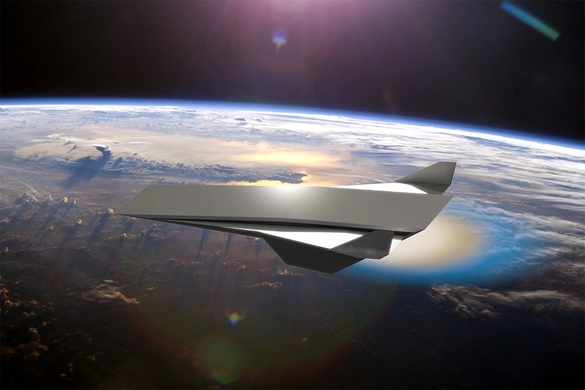 圖為一架概念性的超音速飛機，由斜爆波引擎提供動力。（美國太空總署圖片）