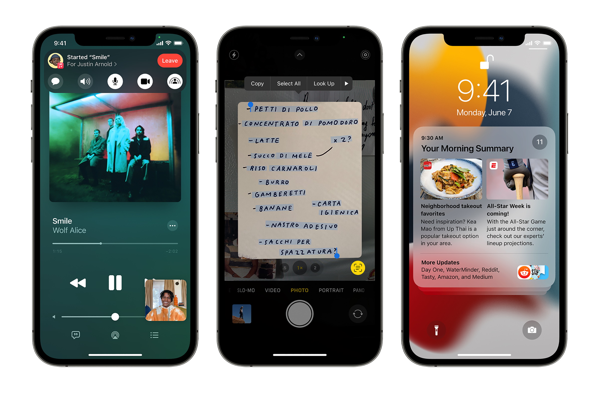 蘋果通過名為ShareTime的新軟件功能，共享他們的屏幕或音樂（左一）；另新iOS15亦設有 Live Text 即時文字功能（圖中）。（蘋果公司圖片）
