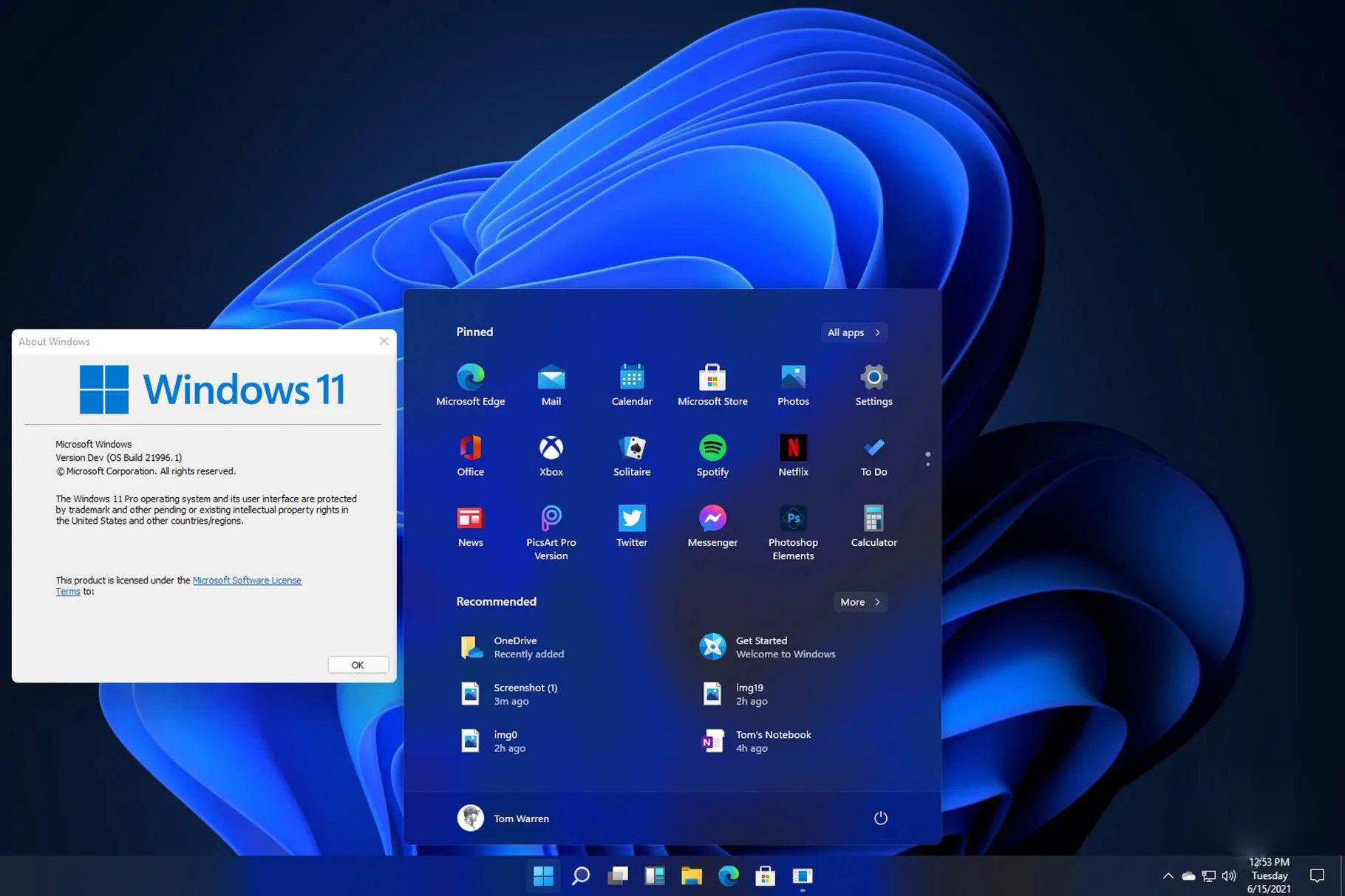 Windows 11將左下角的「開始」菜單改為置中，並附有圓角風格設計。（The Verge圖片）