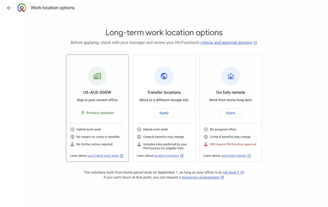 谷歌加推一項Work Location Tool工具，僱員可提出轉換工作地點，甚至完全遙距工作。（網上圖片）