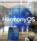 A sign of Huawei's operating system HarmonyOS is seen at a Huawei store in Beijing
