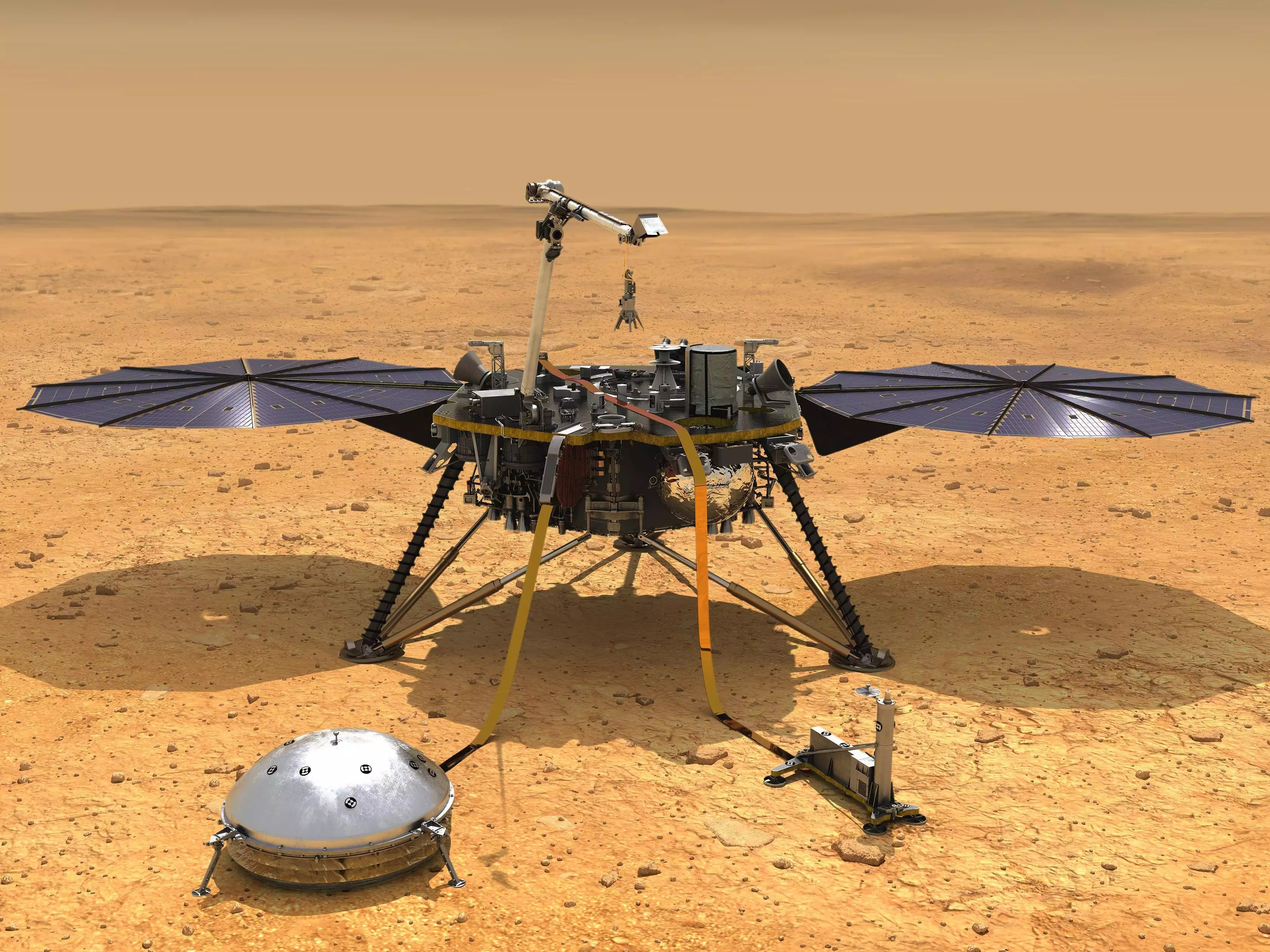 NASA耗資8.28億美元，打造的洞察號探測器，在火星地面收集地震數據。（NASA網上圖片）