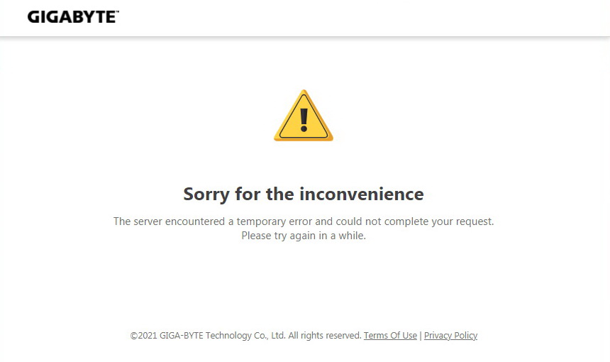 至昨晚六時為止，技嘉台灣網站仍然癱瘓，顯示無法登入。（技嘉網上圖片）