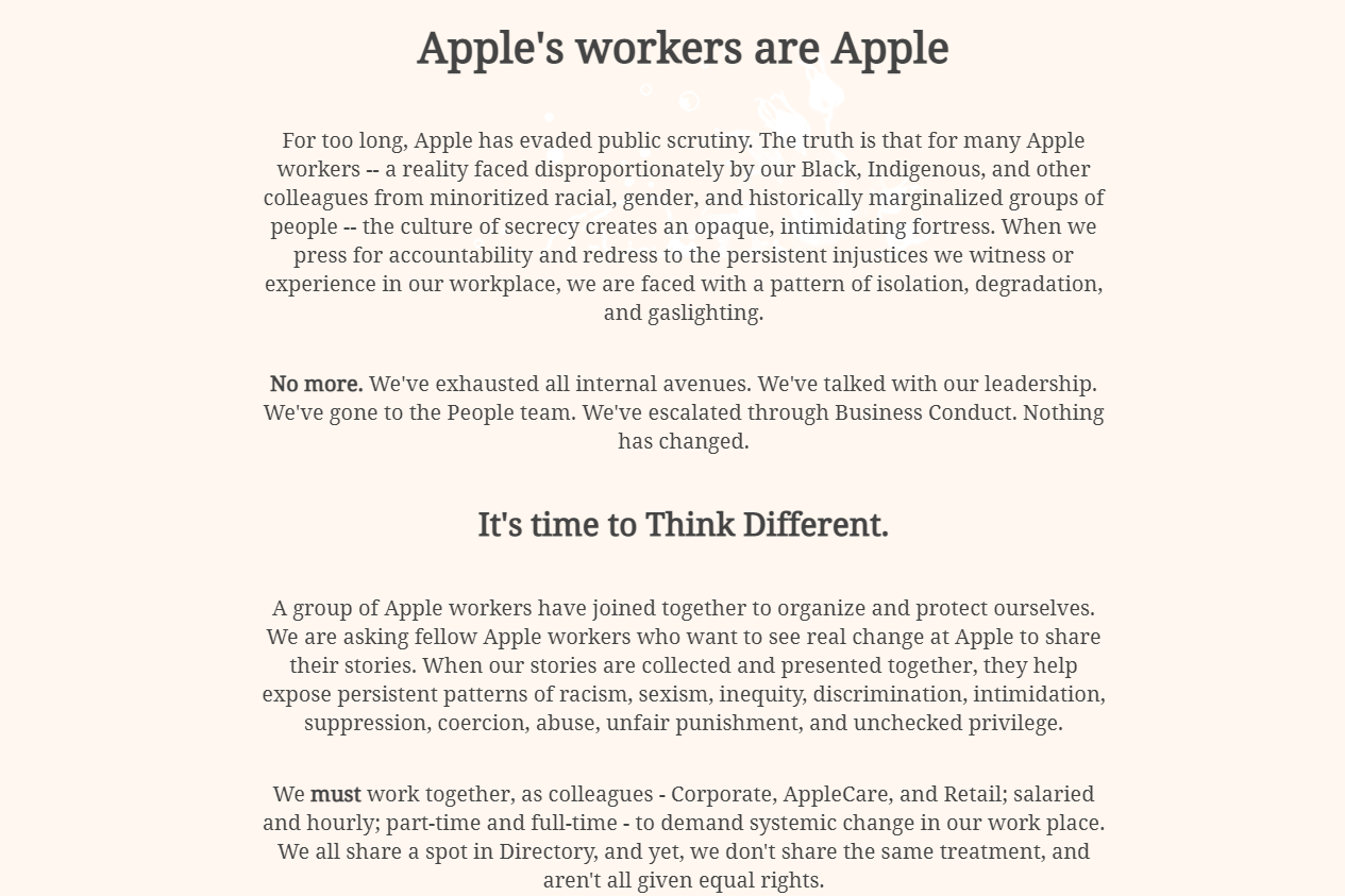 最近有蘋果員工開設「#AppleToo」網站，收集員工於公司內遭性騷擾或種族歧視的事例。（網頁截圖）