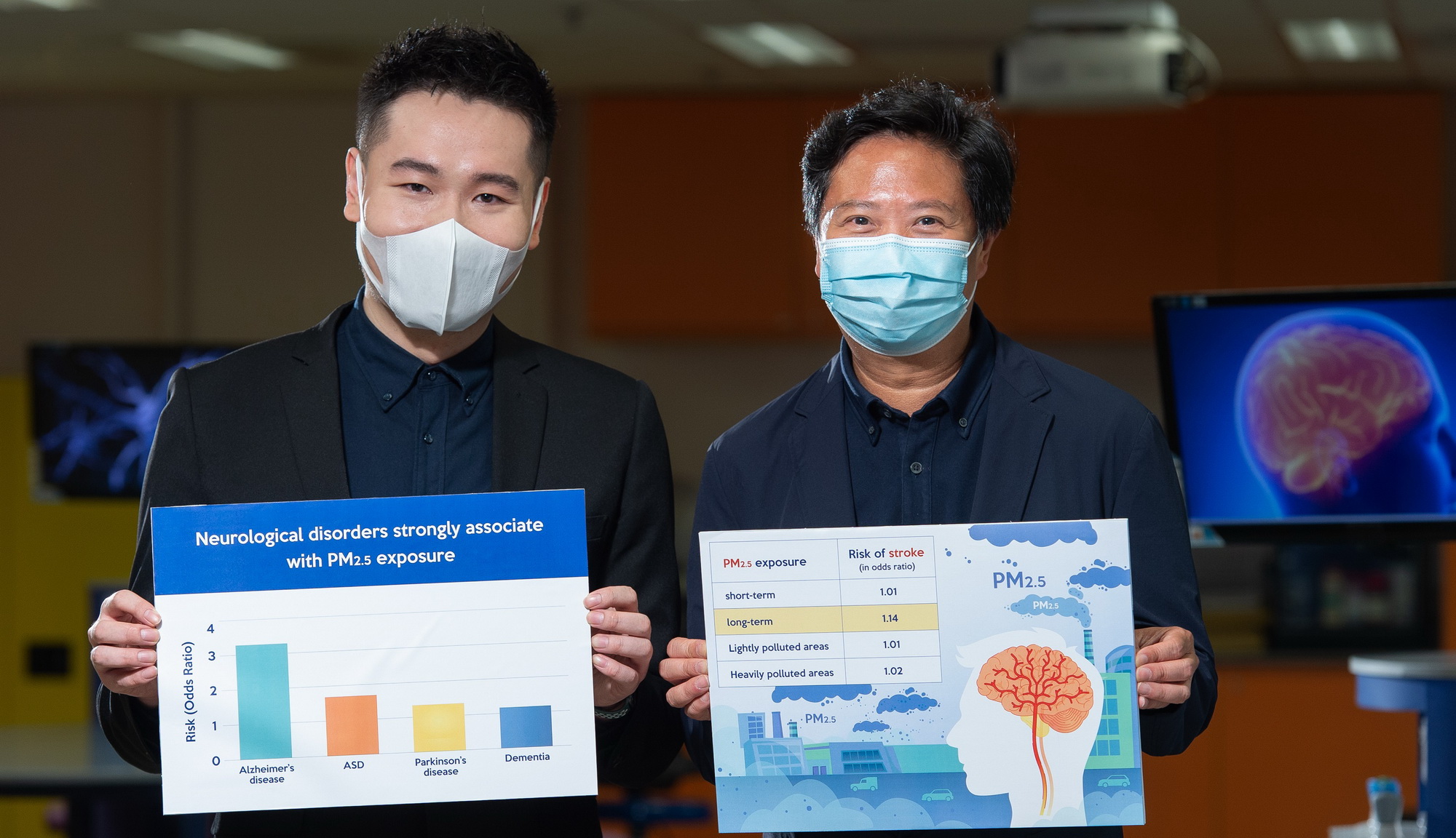 翁建霖教授（右）發現，空氣中的PM2.5與多種神經系統疾病高度相關。（浸大圖片）