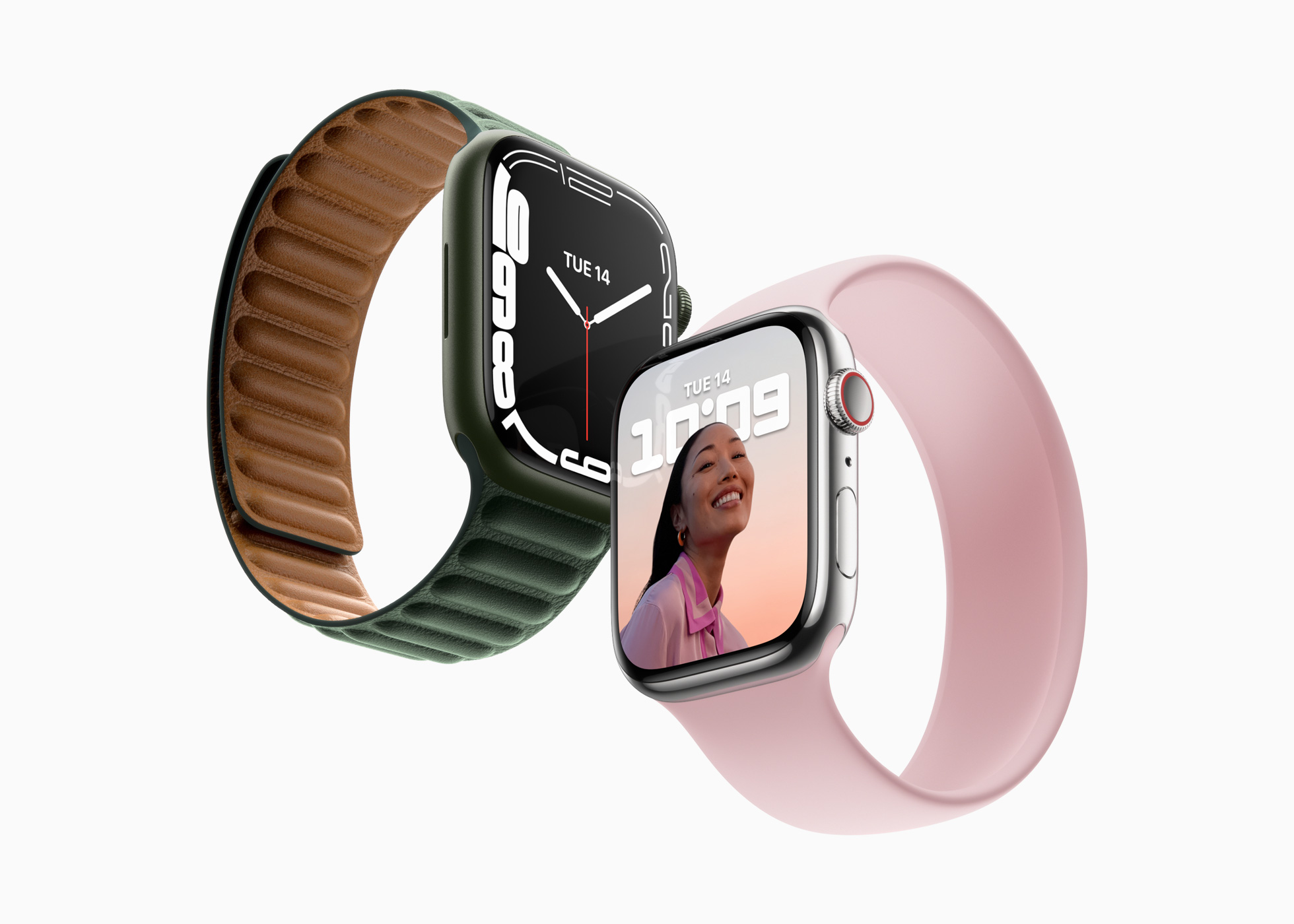 Apple Watch Series 7備有41毫米及45毫米錶殻可供選擇。（蘋果公司圖片）