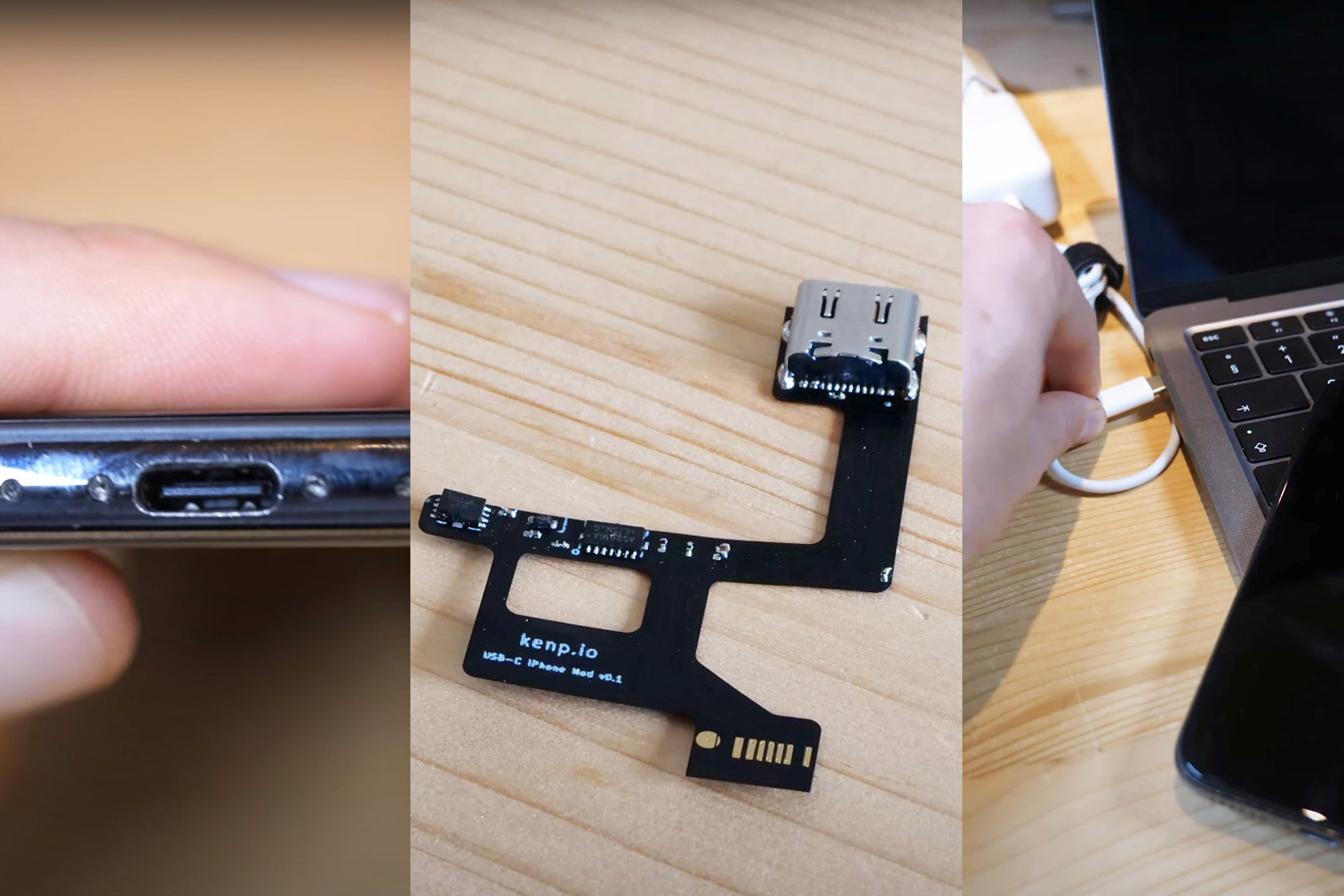 iPhone X改裝USB-C介面後，可以正常充電或傳輸資料。（YouTube影片擷圖）