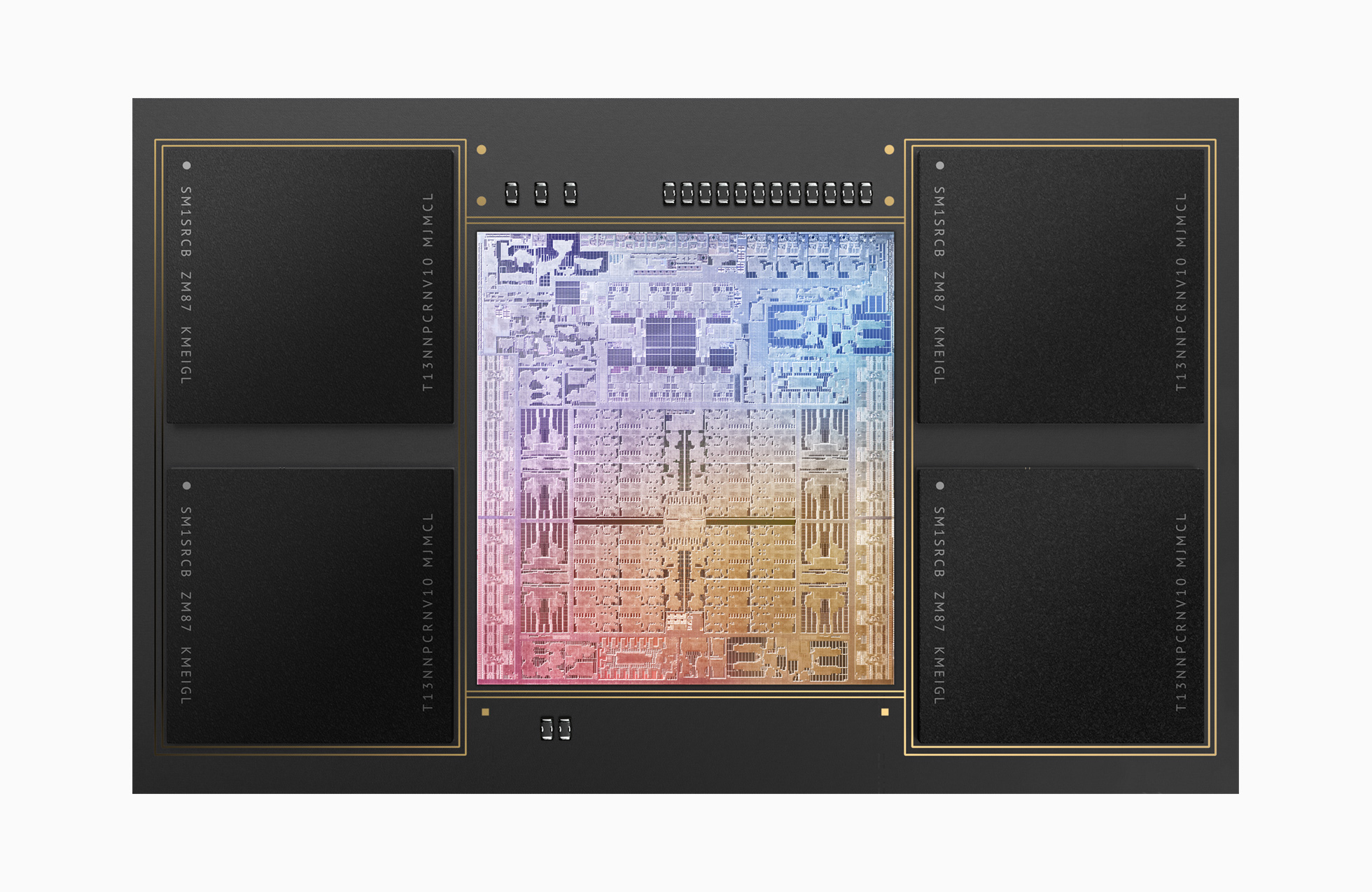 M1 Max 是 Apple 歷來製作過最大的晶片：570 億電晶體及多達 64GB 的快速統一記憶體。（蘋果公司圖片）