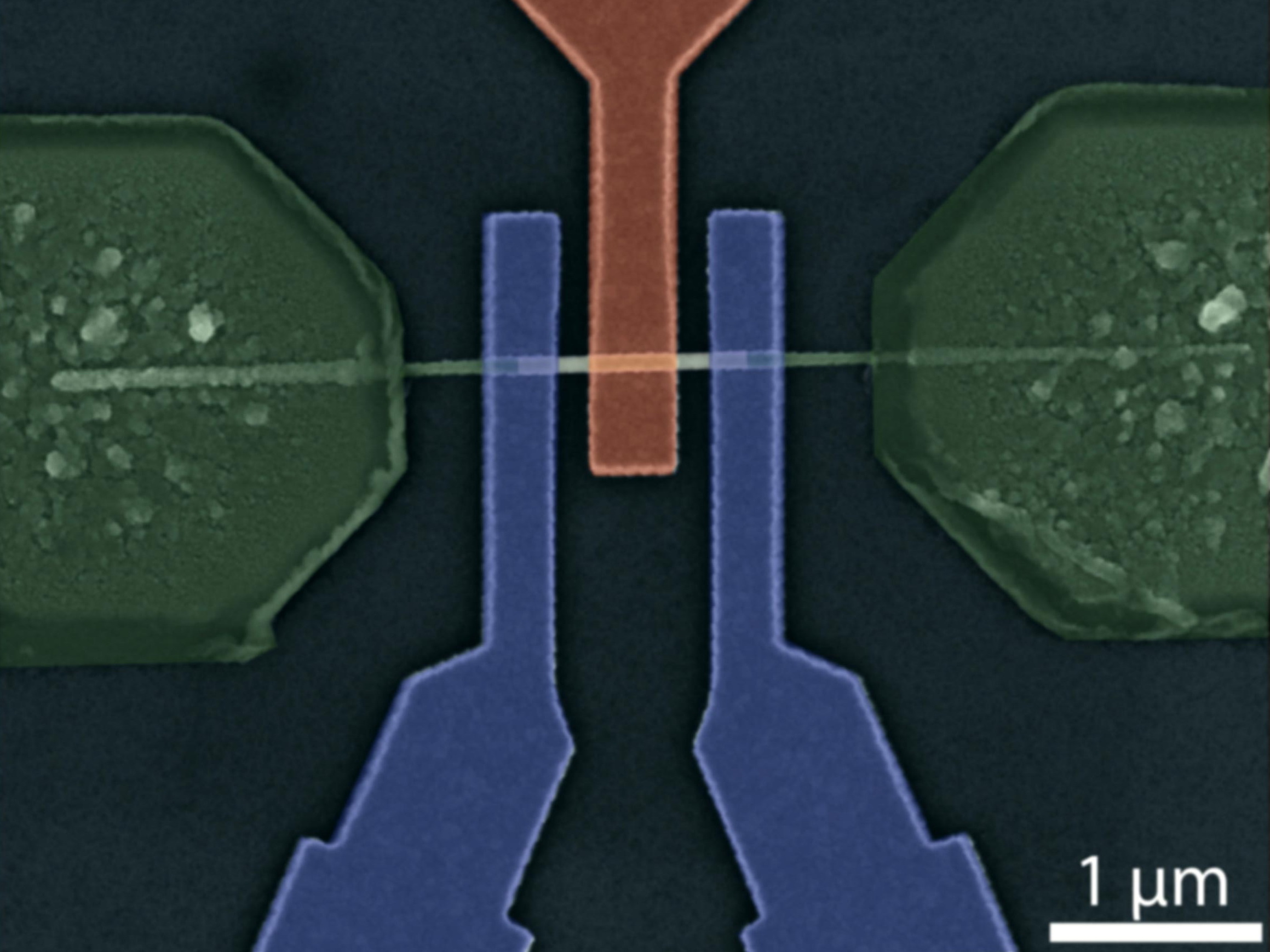 除了常見的基極（紅色），新晶體管還有控制電極（藍色）。（維也納科技大學圖片）