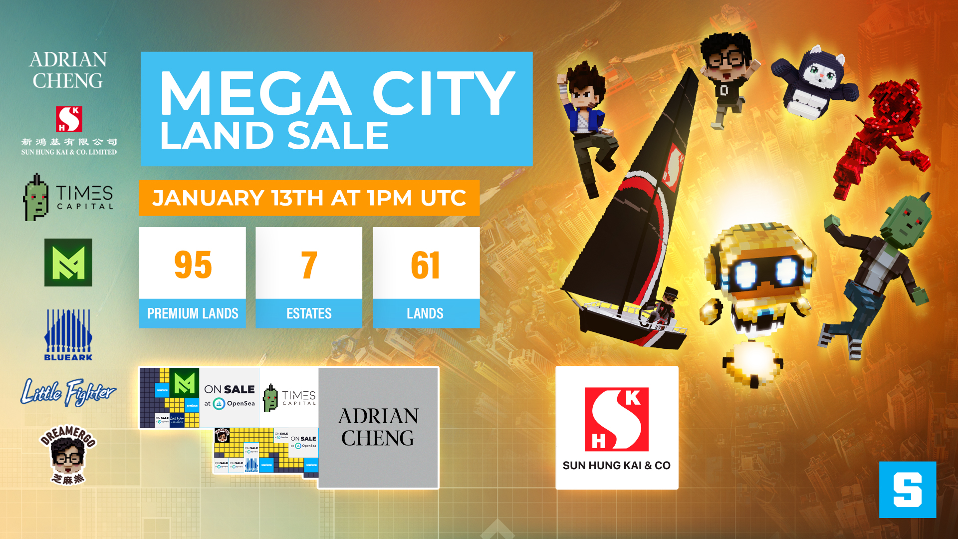 大型文化中心Mega City，並將於下周四（13日）開賣Mega City一帶的虛擬土地。（The Sandbox圖片）