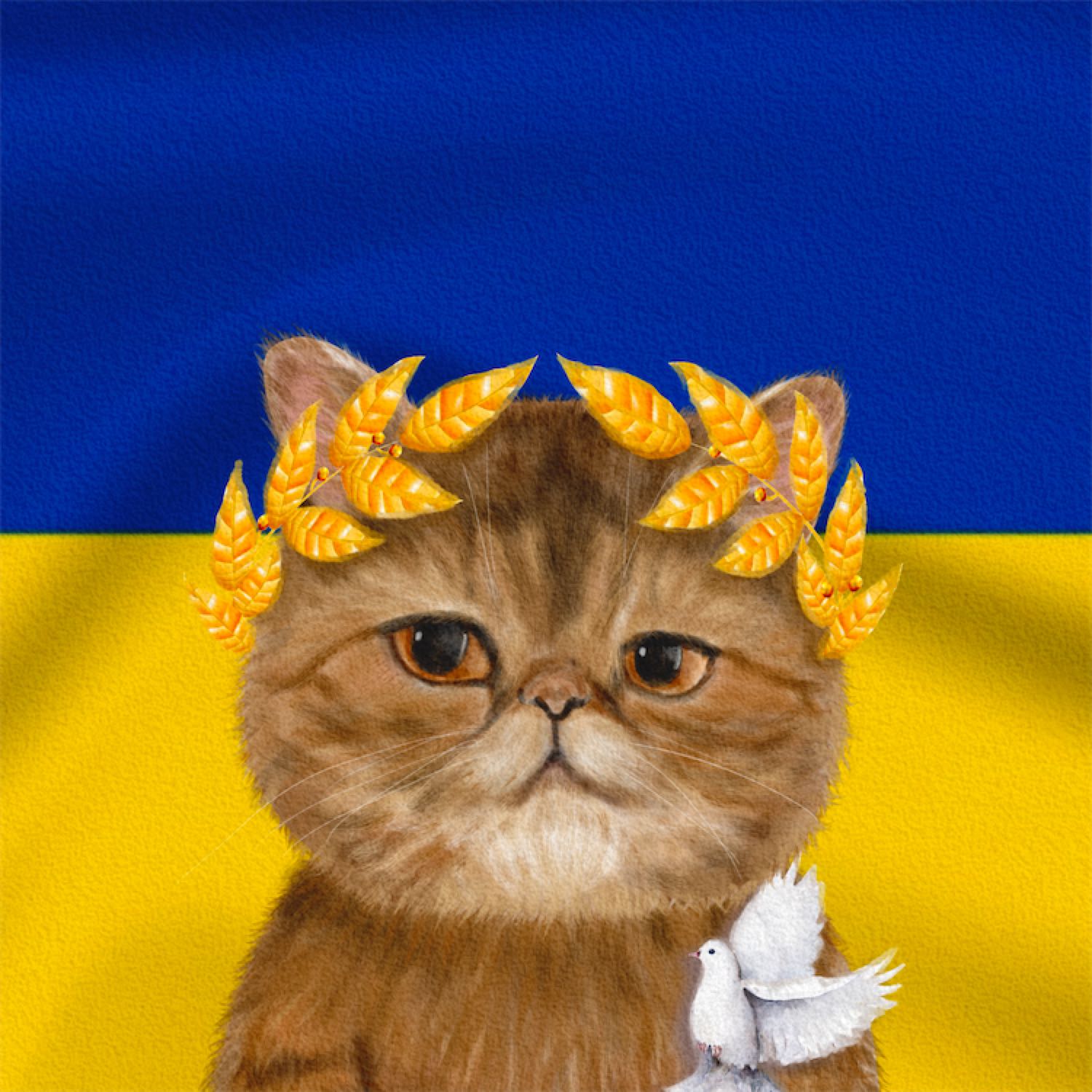 編號#0100的NFT作品以烏克蘭國旗作背景，結合桂冠與白鴿等設計元素。（MOMO提供圖片）