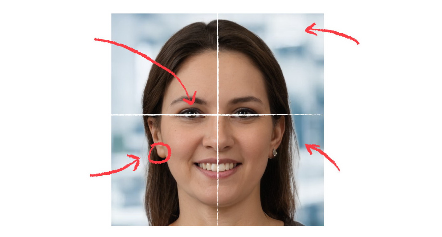合成人面一大特徵是，眼睛位於照片正中間，且背景多為模糊處理。（NPR網上圖片）