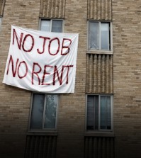 Banner are seen outside an apartment building in Washington