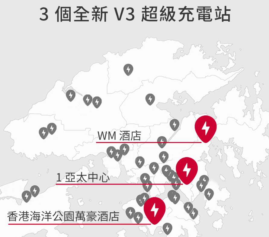 Tesla旗下3個全新V3超級充電站，將陸續在西貢、港島南及九龍東正式投入服務。（Tesla提供圖片）