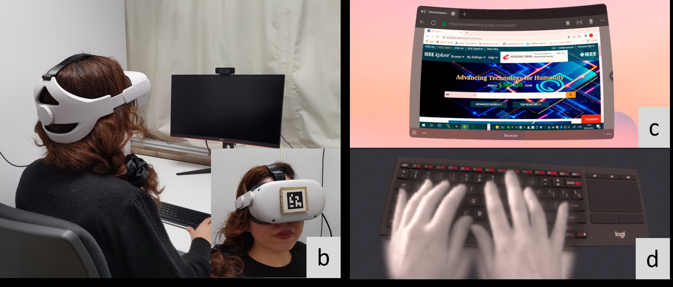 測試者會在VR世界看到一個曲面虛擬屏幕，配合眼罩的透視功能，可利用實體鍵盤打字。（網上圖片）