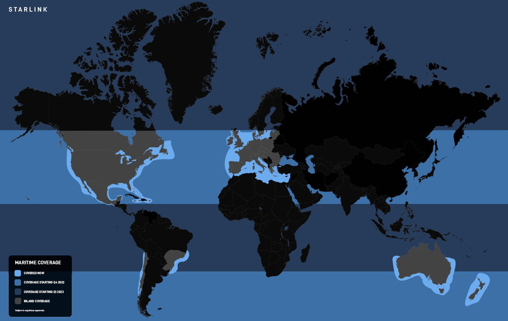 Starlink Maritime現適用於美國本土、歐洲、巴西、智利、澳紐南部的部分沿海水域。（Starlink網上圖片）