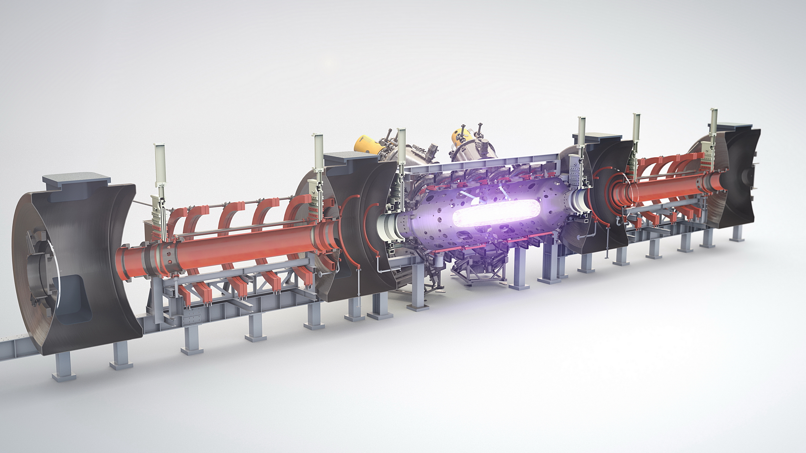 機器把兩端的等離子體，射向反應堆中間並撞擊，引發核聚變反應。（TAE Technologies網上圖片）