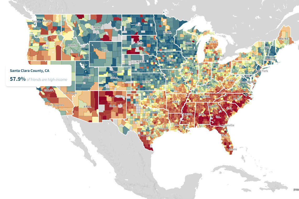 數據分析網站顯示，美國南部州份fb用戶的朋友大多較為貧窮（紅色部分）。（網上圖片）
